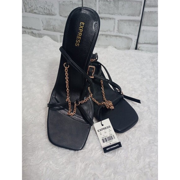 Express Black Gold Chain Strap High Heeled Stiletto Sandals 8 - Picture 7 of 7